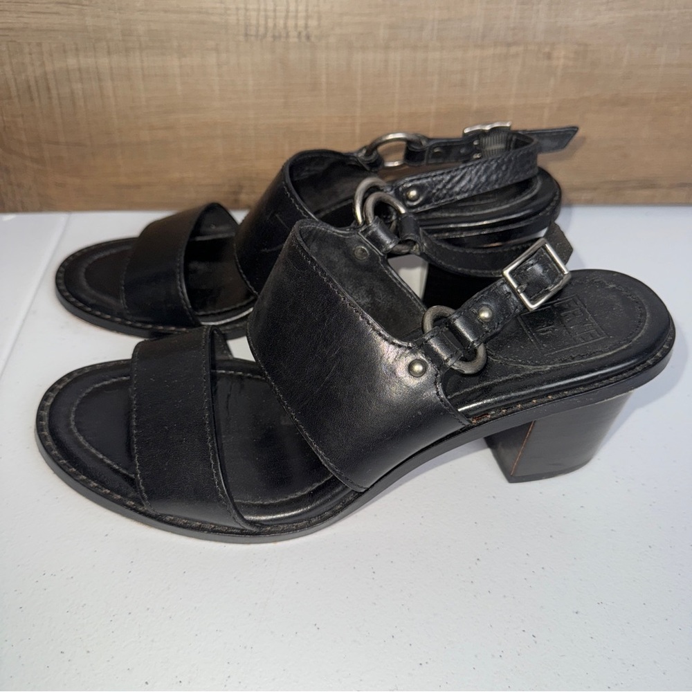 Frye Black Leather Heels with Chunky Design